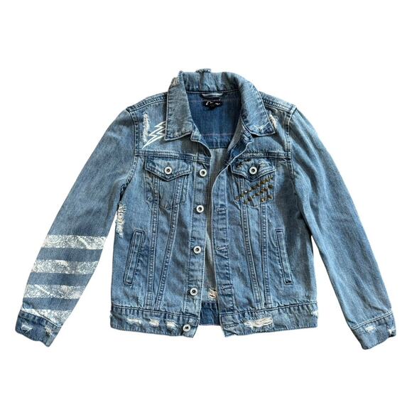 NIRVANA 90s Guitar Upcycled Distressed Denim Jacket Retro Vintage Kids Size M - Picture 5 of 11
